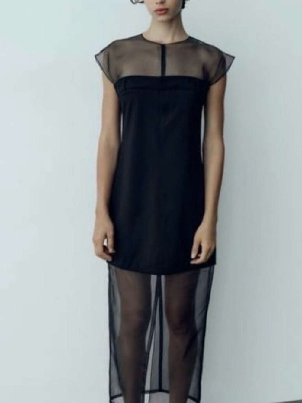 Zara Contrasting Organza Dress Black Sheer-Panel Maxi Slip Dress SZ XXL